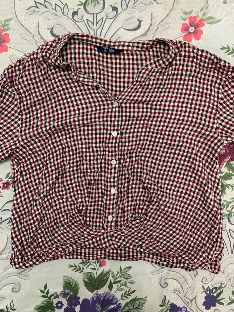 Checkered Button-Up Cropped Shirt