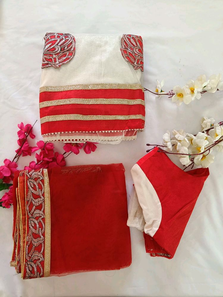 Red &amp; White Netted Lehenga Choli Set (Women)