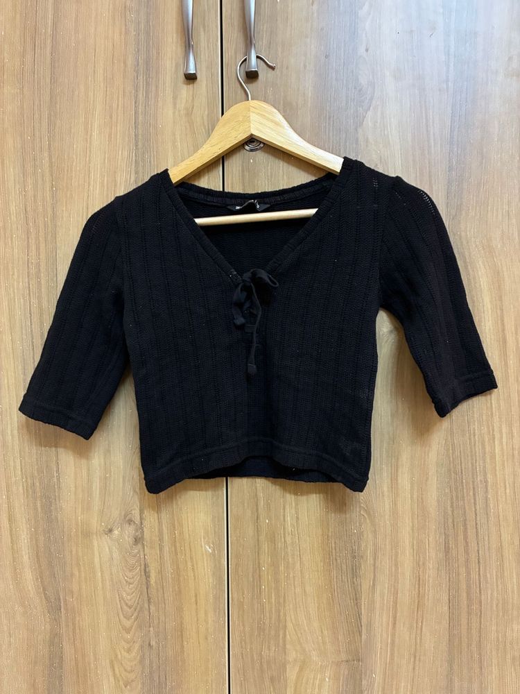 Black Ribbed Tie-Front Cropped Top