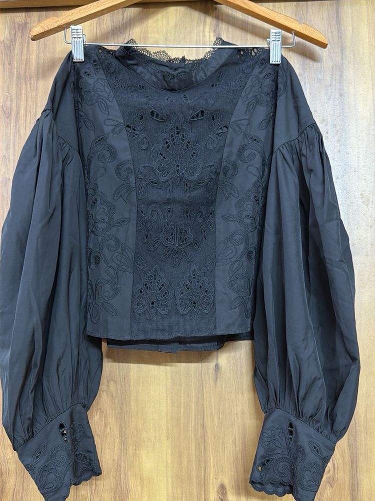Black Embroidered Puff Sleeve Blouse