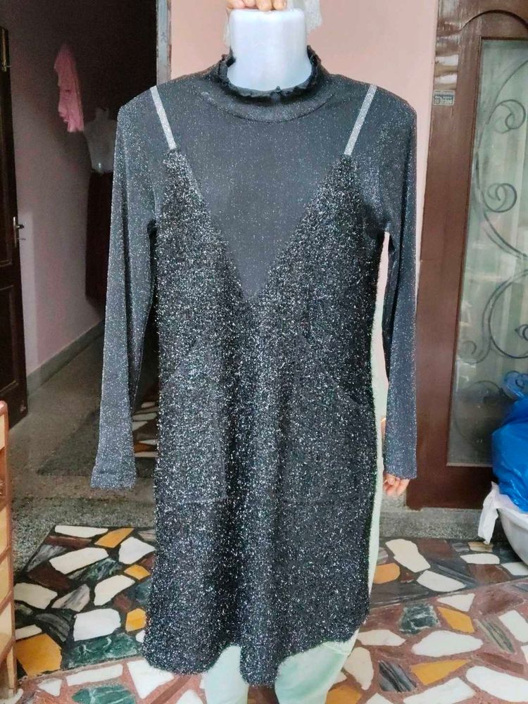 Ribbed Knit Lined Knee-Length Sweater Dress