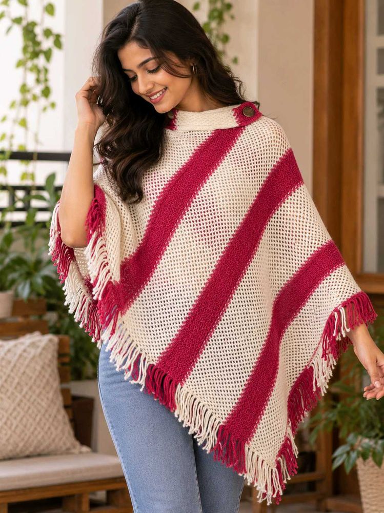 Cozy Striped Poncho with Fringe