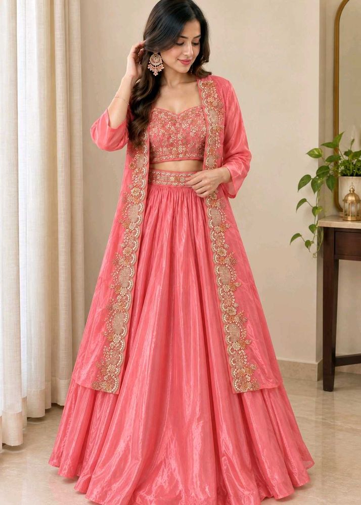 Coral silk padded Lehenga jacket Set