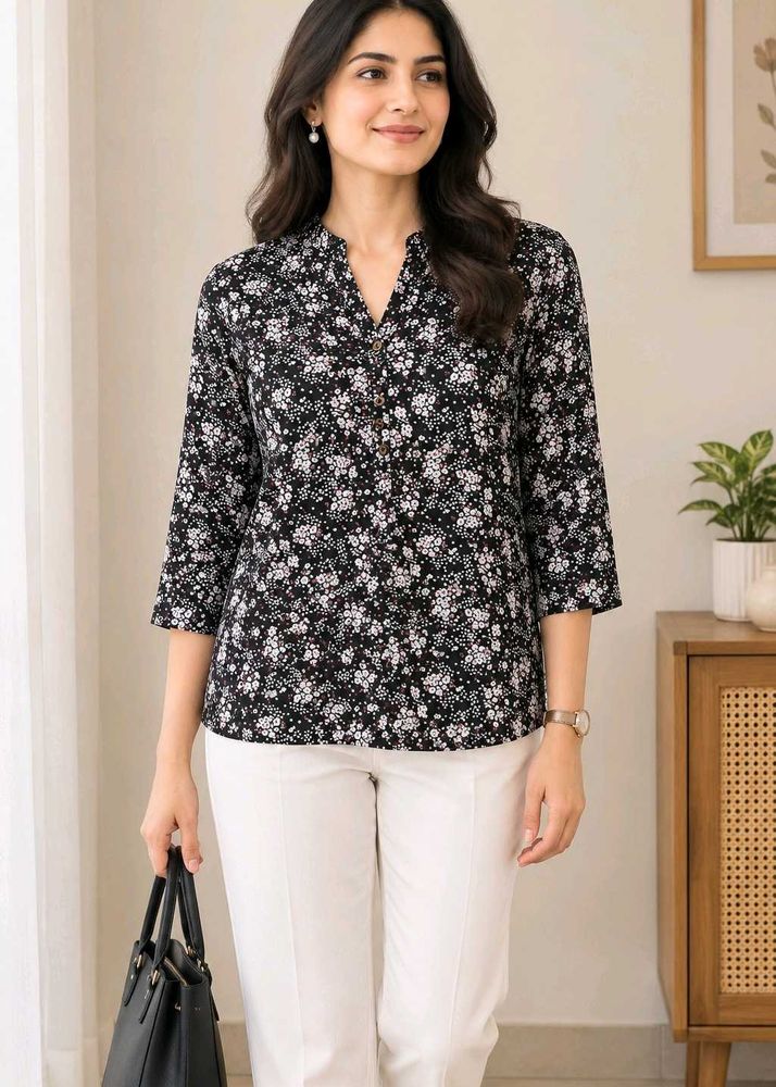 Max Chic Flora Blackl Print V-Neck Top  M Siz