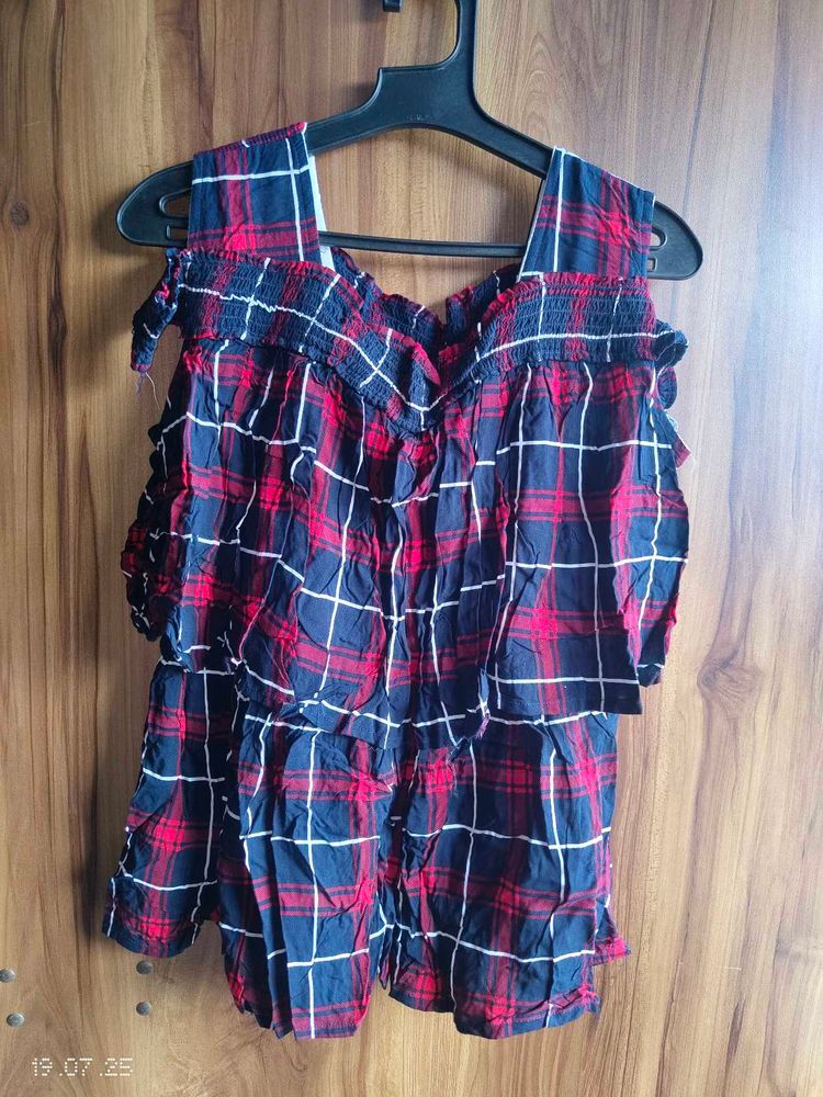 Plaid Cold Shoulder Top
