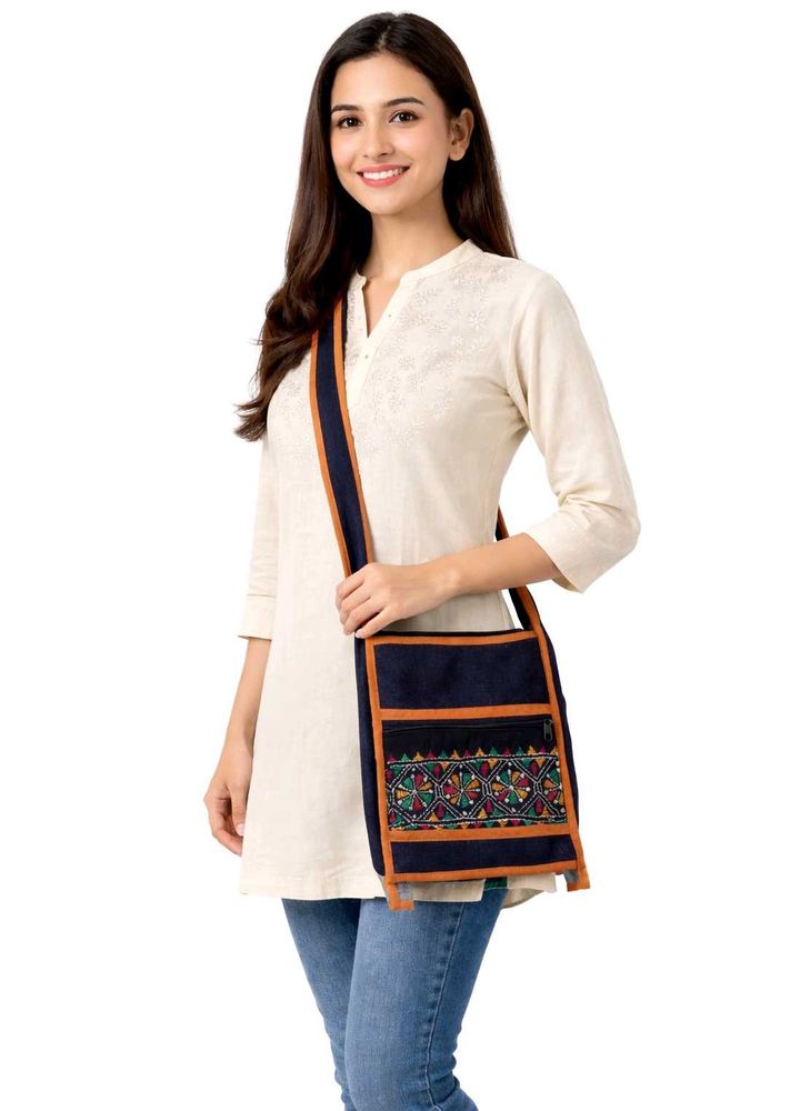 Embroidered Tribal Print Denim Sling Bag