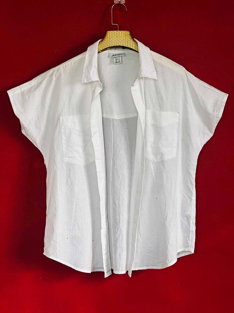 White Seersucker Button-Up Top