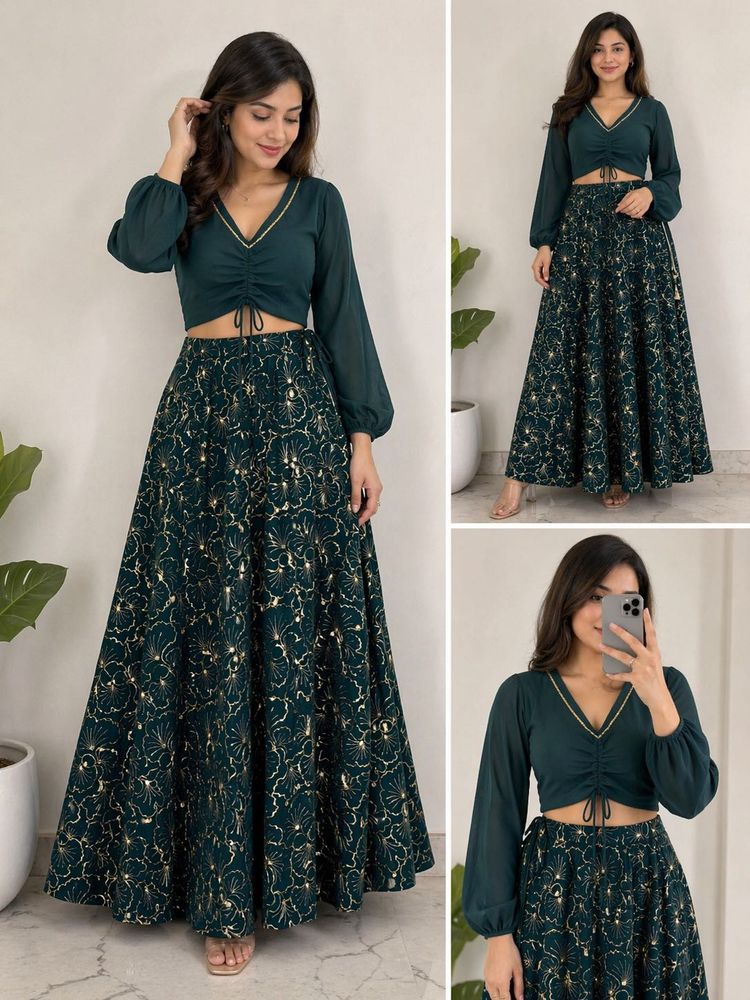 Green Floral Skirt &amp; Top Set
