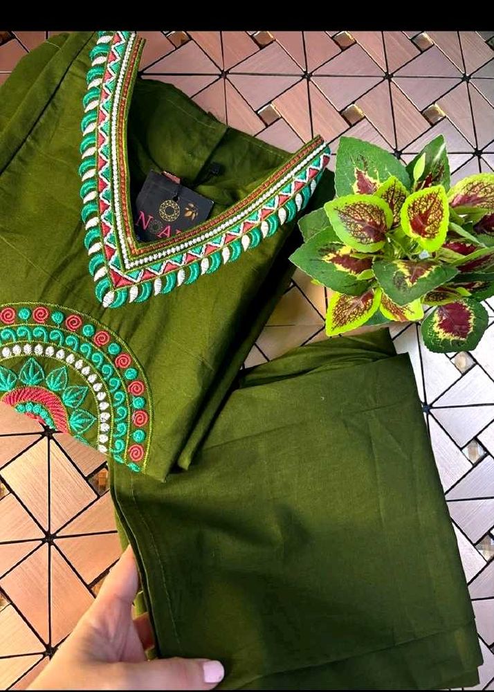 Olive Green Embroidered Kurta Set