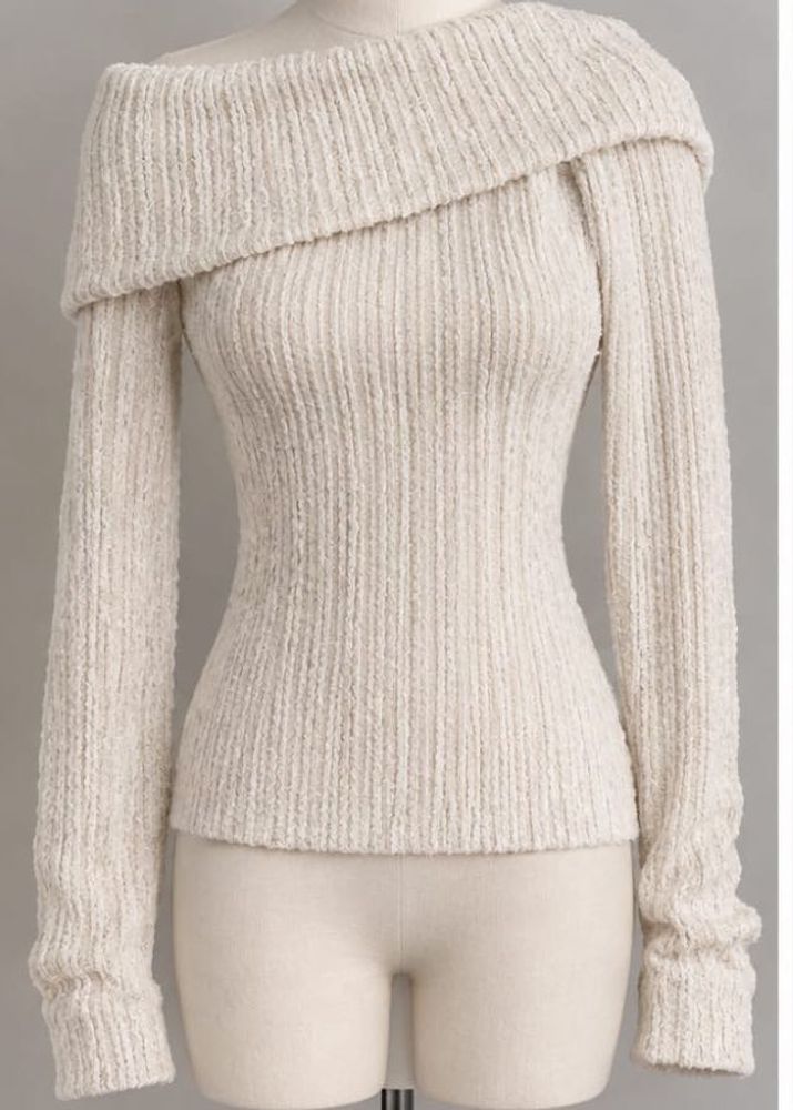 Cream Off-Shoulder Knit Sweater