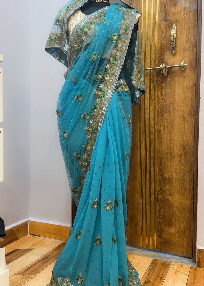 Stunning Blue Embellished Saree with Blouse