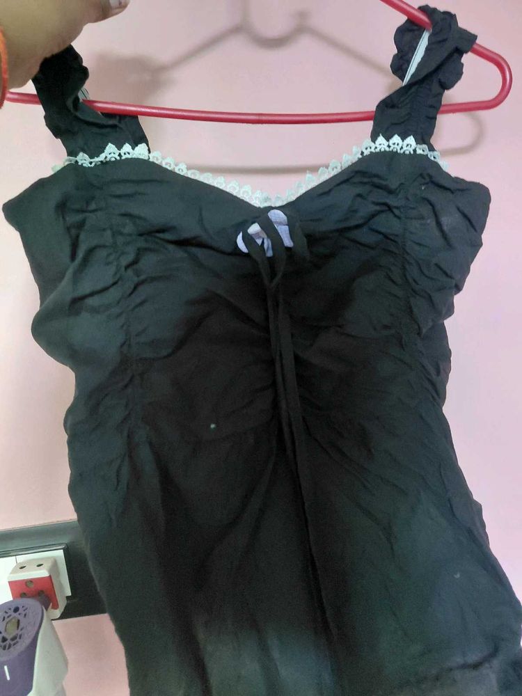 Black Lace Trim Ruched Top