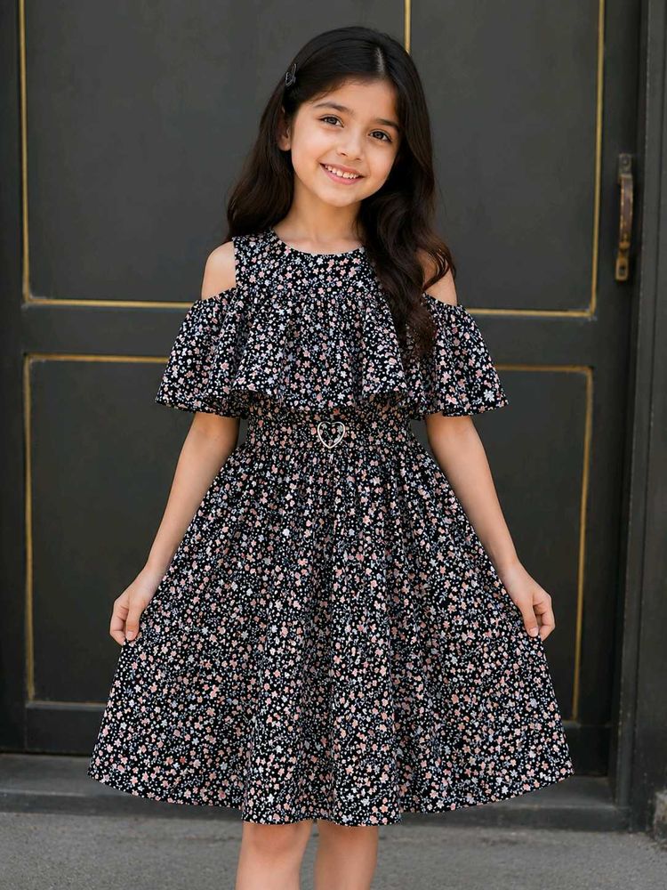 Floral Cold Shoulder Dress with Heart Buckle
