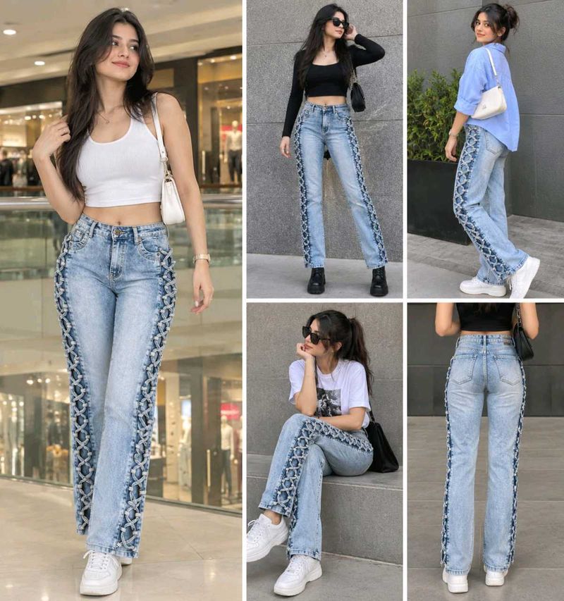 Light Blue Lace-Up Side Detail Straight Fit Jeans