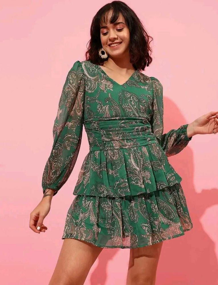 Chic Deep Green Paisley Tiered Dress