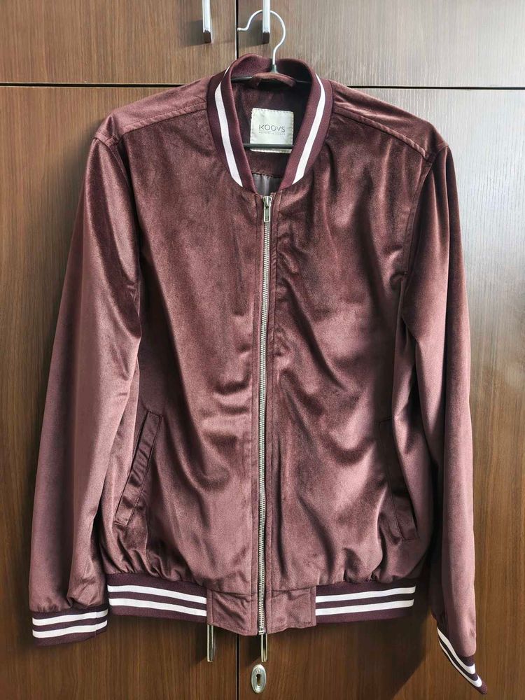 Koovs Burgundy Velvet Bomber Jacket
