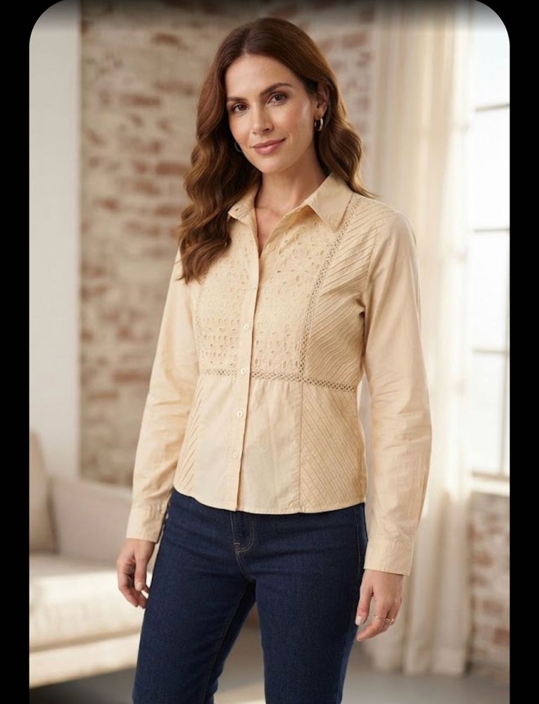 Sheer Button-Up Blouse with Eyelet Detail