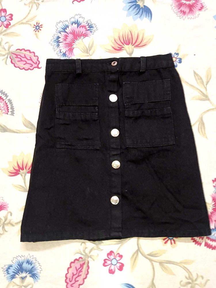 Black Denim Button-Up Skirt