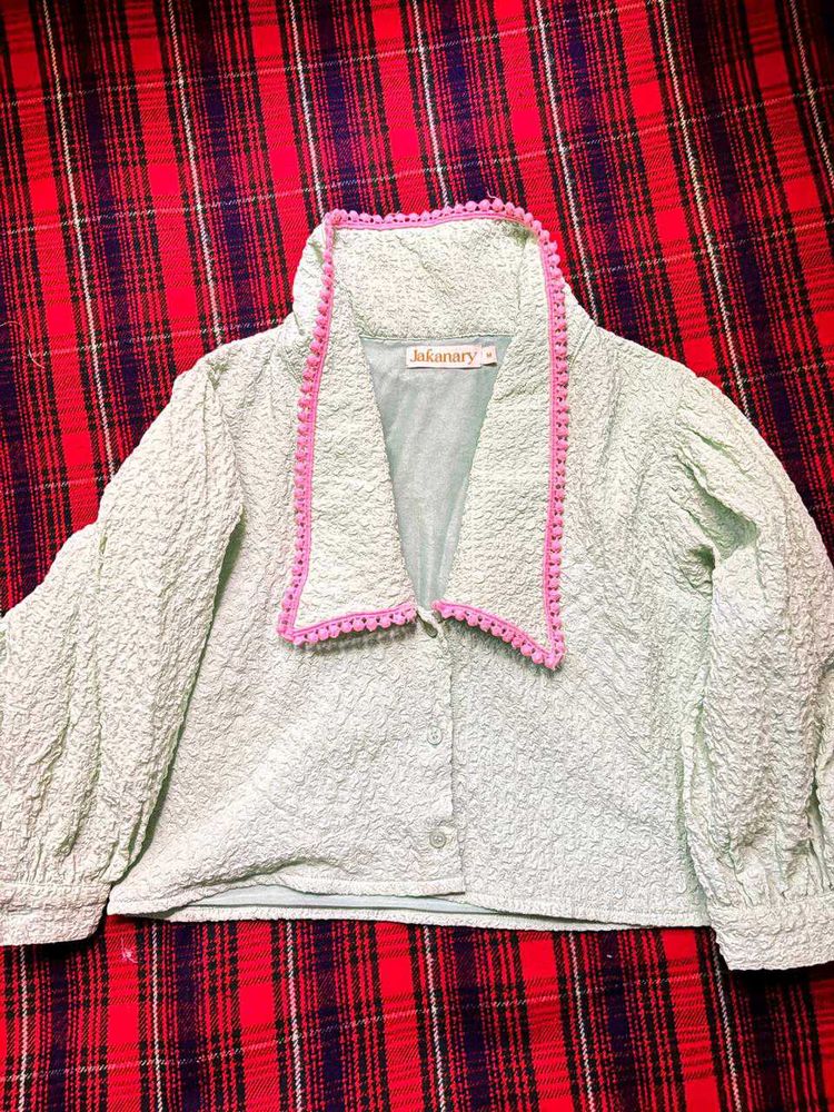 Light Green Textured Button-Up Blouse