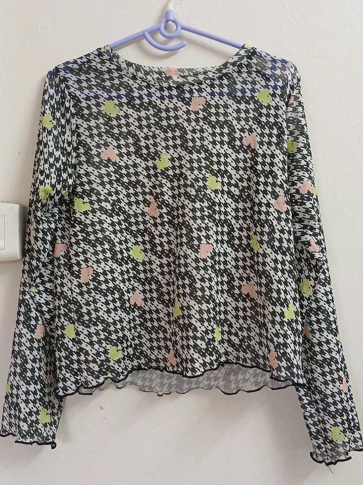 Sheer Houndstooth Print Top