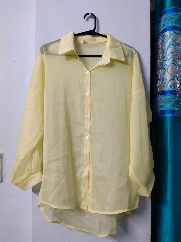 Sheer Yellow Collared Button-Up Top