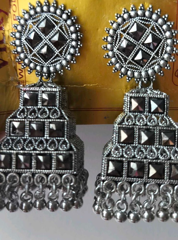 Oxidized Silver Jhumka Earrings
