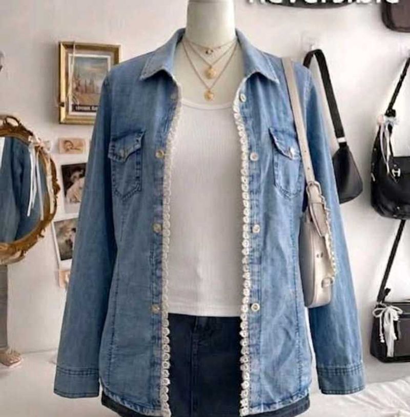 Denim Shirt with Lace Trim
