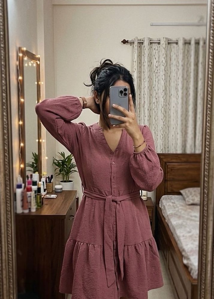 Mauve Button-Up Tiered Dress with Belt