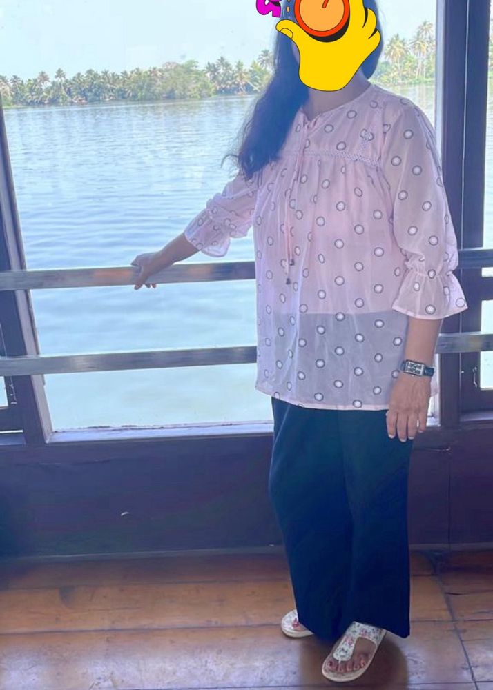 Pink Polka Dot  Blouse With Ruffle Sleeves