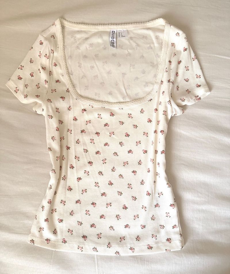 Floral Print Ribbed Square Neck Top