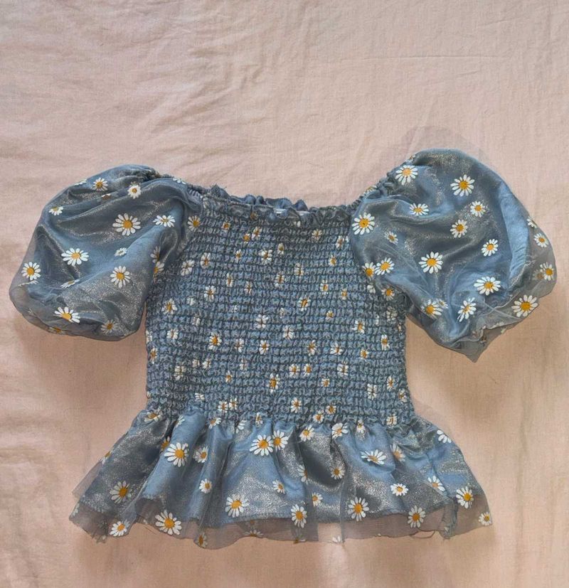 Blue Daisy Smocked Puff Sleeve Top
