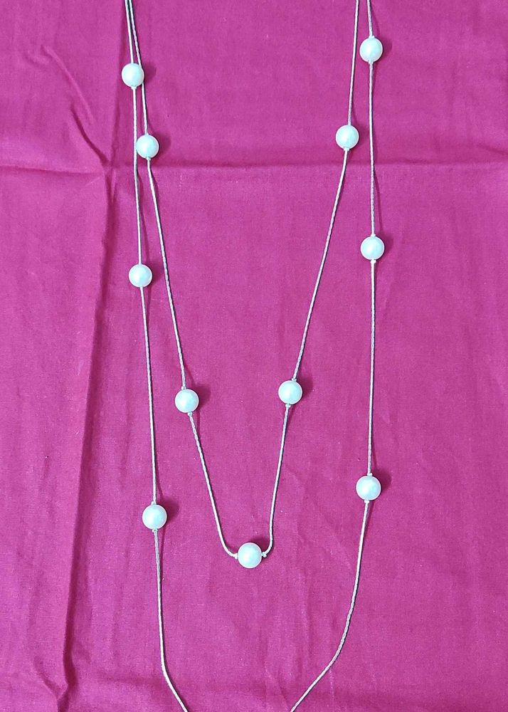 New Elegant Long Pearl Beaded Silver Necklace