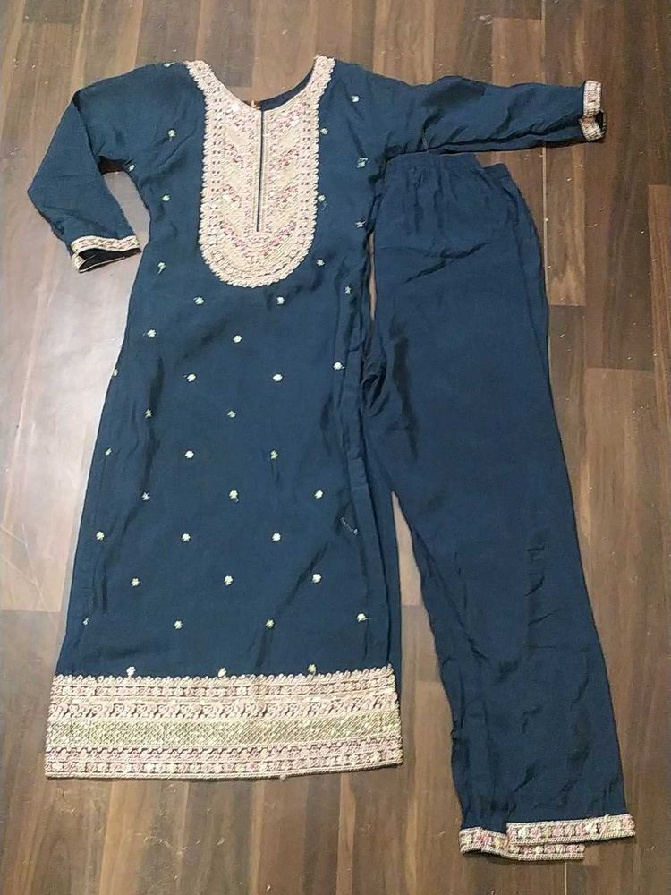 Embroidered Teal Kurta Set with Pants