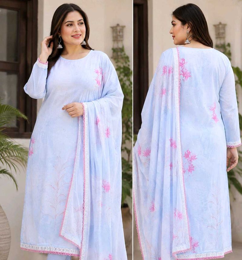 Light Blue Floral Kurta Set Dupatta damege