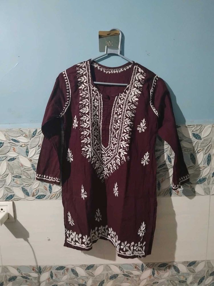 wine color chikankari kurti