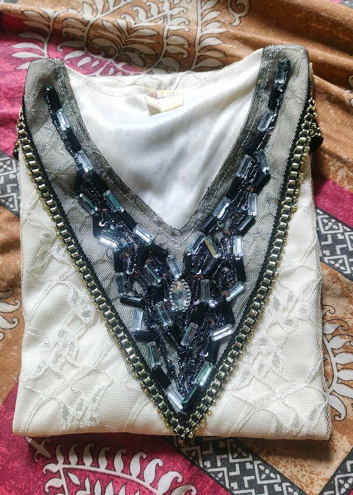 Beaded V-Neck White Lace Top.