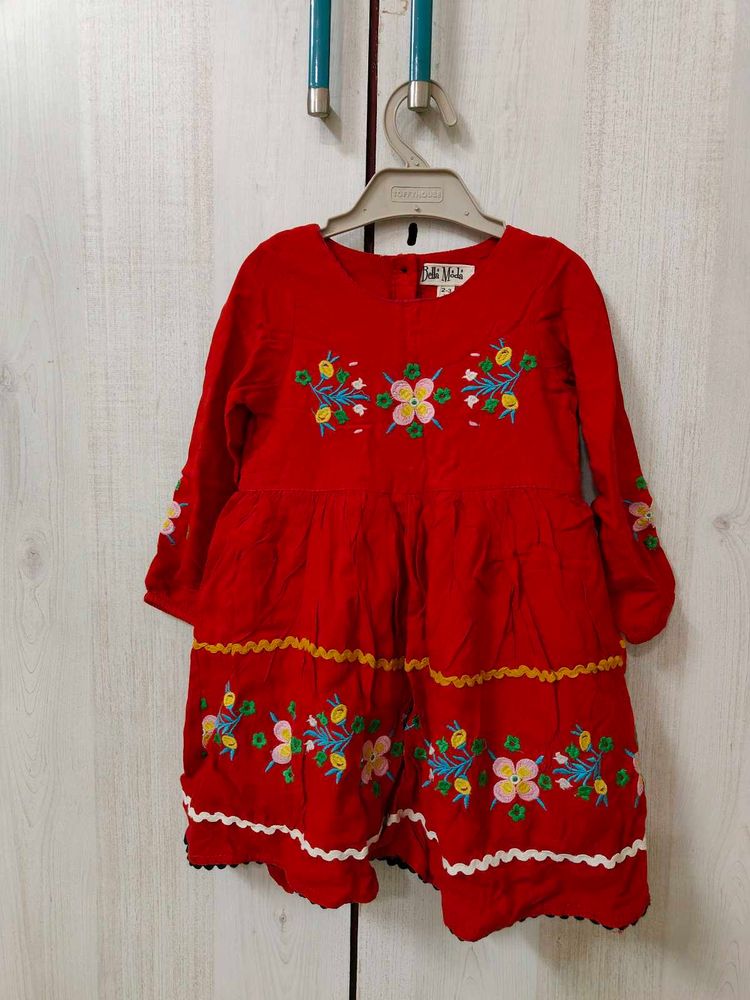 Red Cotton Frock With Embroidery