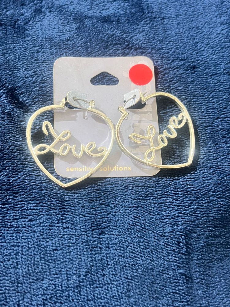 Gold Heart Hoop Earrings with 'Love' Inscription