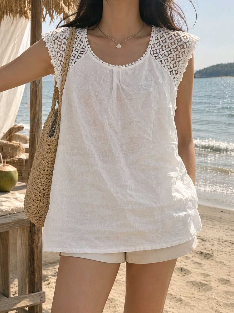 linen white lace Sleeve coquette oversized Top