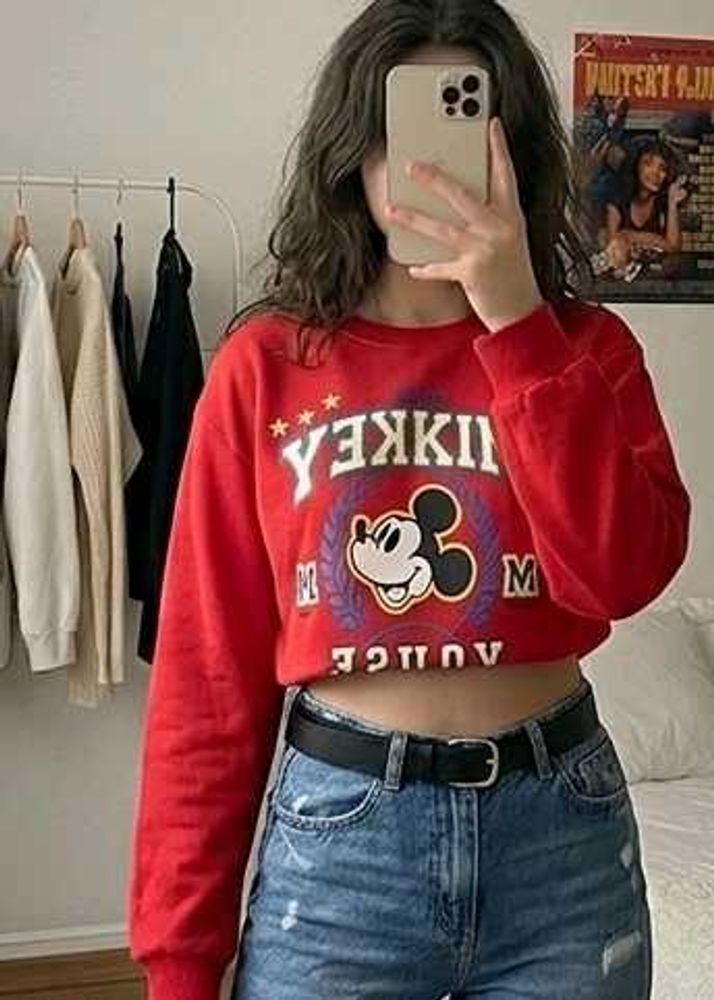 Red Mickey Mouse Cropped T-shirt