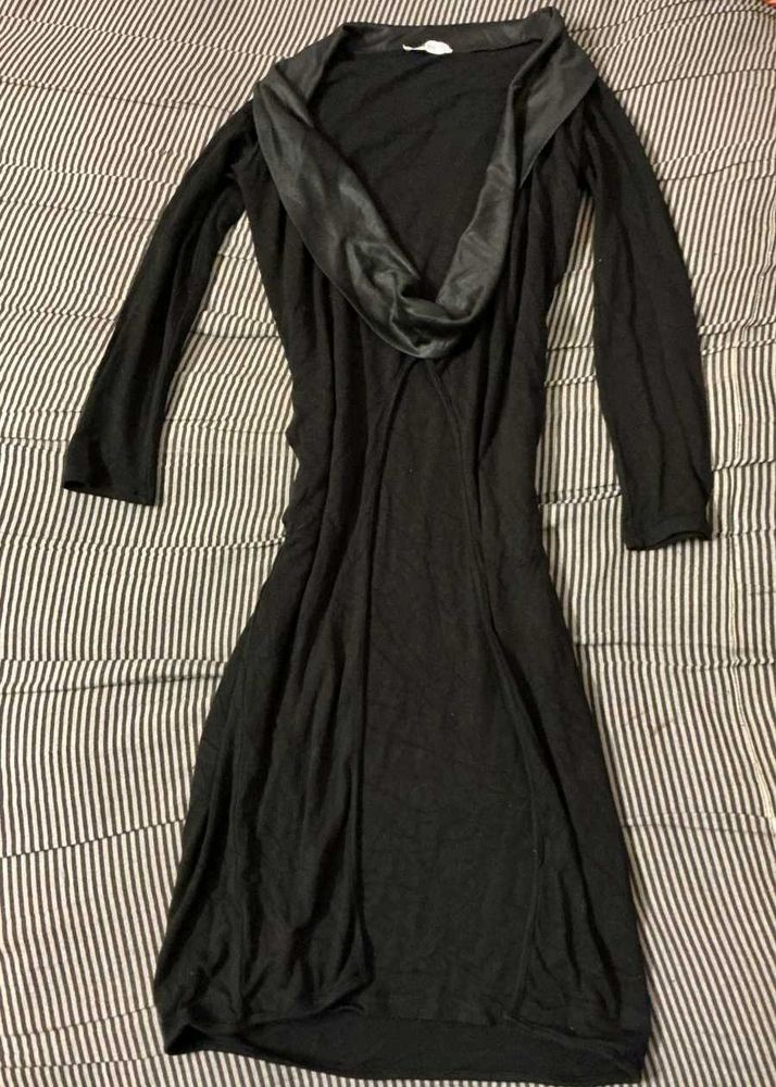 Elegant Black Long Sleeve Drape Dress