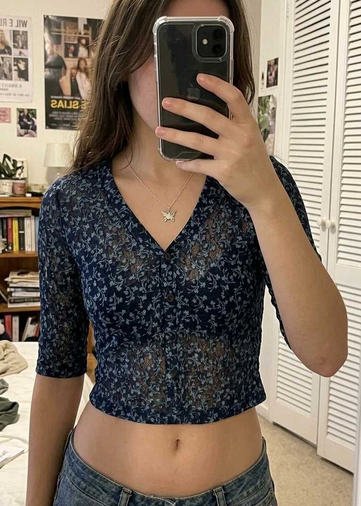 Chic Floral Mesh Button-Up Top