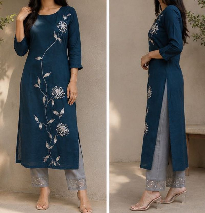 Elegant Teal Kurta Set with Floral Embroidery