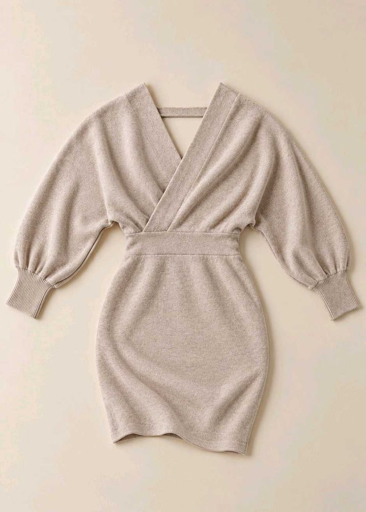 TAUPE WRAP DRESS WITH BATWING SLEEVES