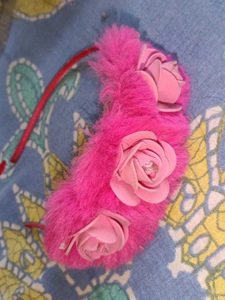 Fuzzy Pink Headband with Roses