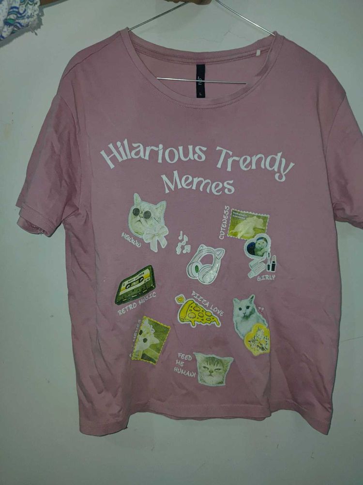 Pink Graphic T-Shirt with Cat Memes