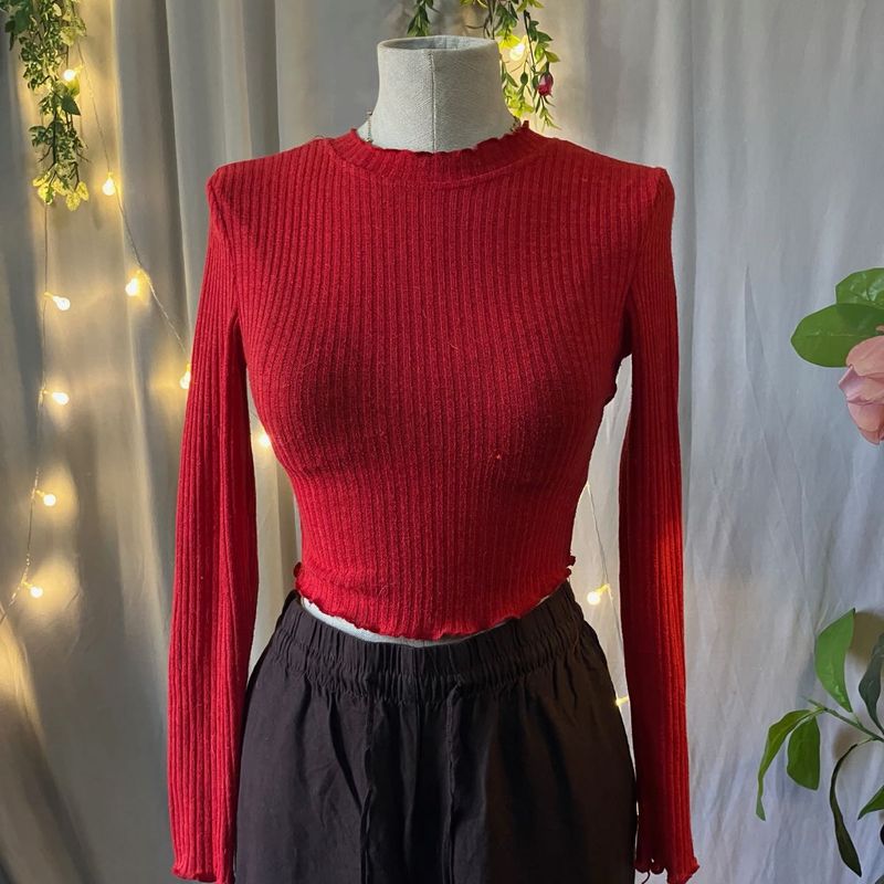 Red Ribbed Long Sleeve Crop Top