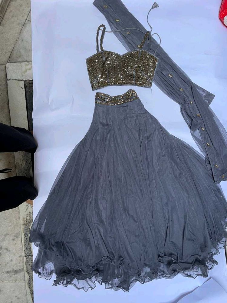 Sparkling Sequin Blouse &amp; Grey Tulle Lehenga Set