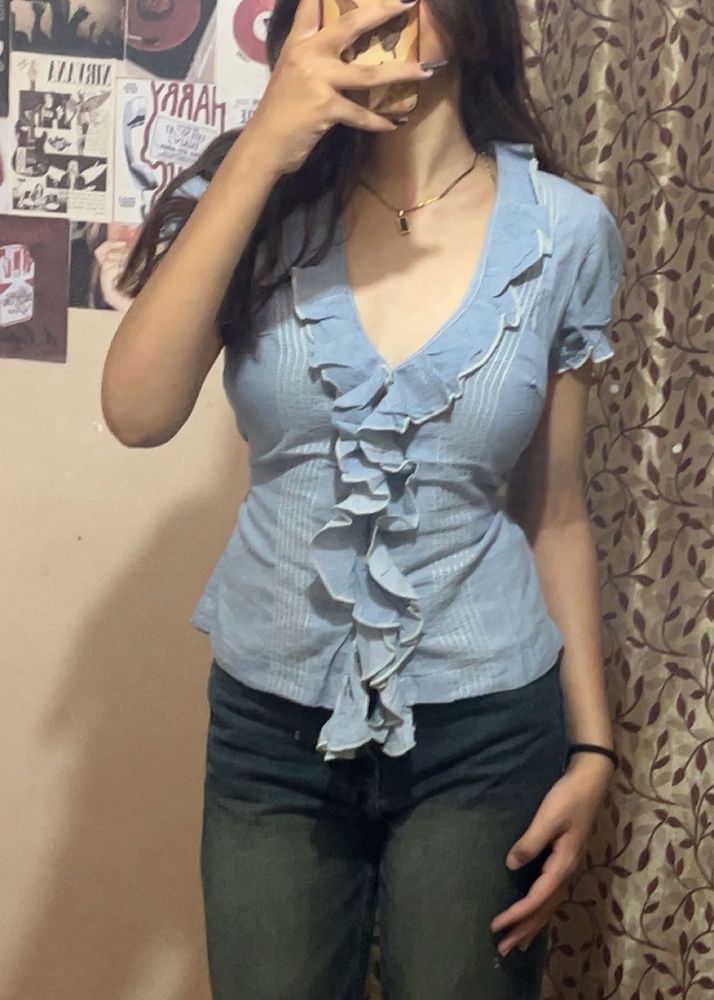 Cute Blue Ruffle V-Neck Top