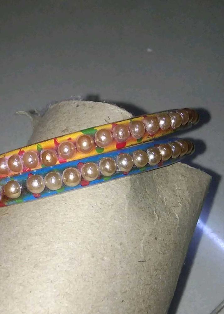 Two Multicolored pearl Studded Glass Bangles